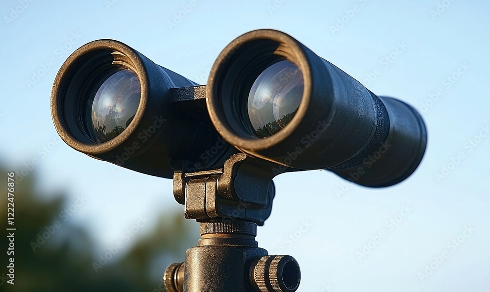 Binoculars on tripod, outdoor nature viewing, clear sky background, ideal for birdwatching or surveillance Binoculars on tripod, outdoor nature viewing, clear sky background, ideal for birdwatching or surveillance