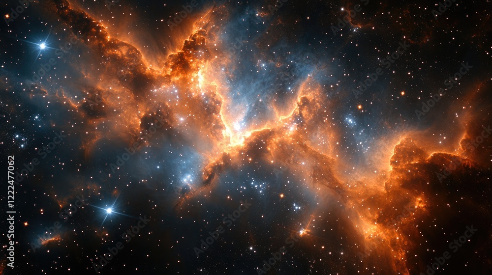 Fototapeta premium Vibrant Orange and Blue Nebula in Deep Space with Scattered Stars