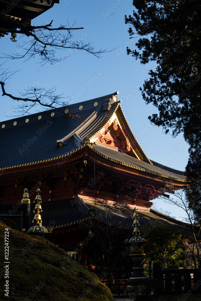 Japanese temple, the exterior of the Daigomado, Hall for the Goma Fire Ritual built in a traditional architectural style at daytime in winter in Nikko Japan. Japanese temple, the exterior of the Daigomado, Hall for the Goma Fire Ritual built in a traditional architectural style at daytime in winter in Nikko Japan.