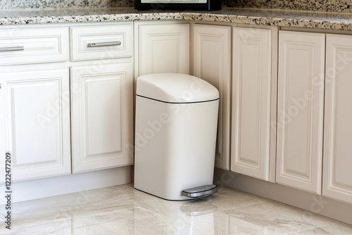 Kitchen trash bin placed in the corner of a clean kitchen space photo