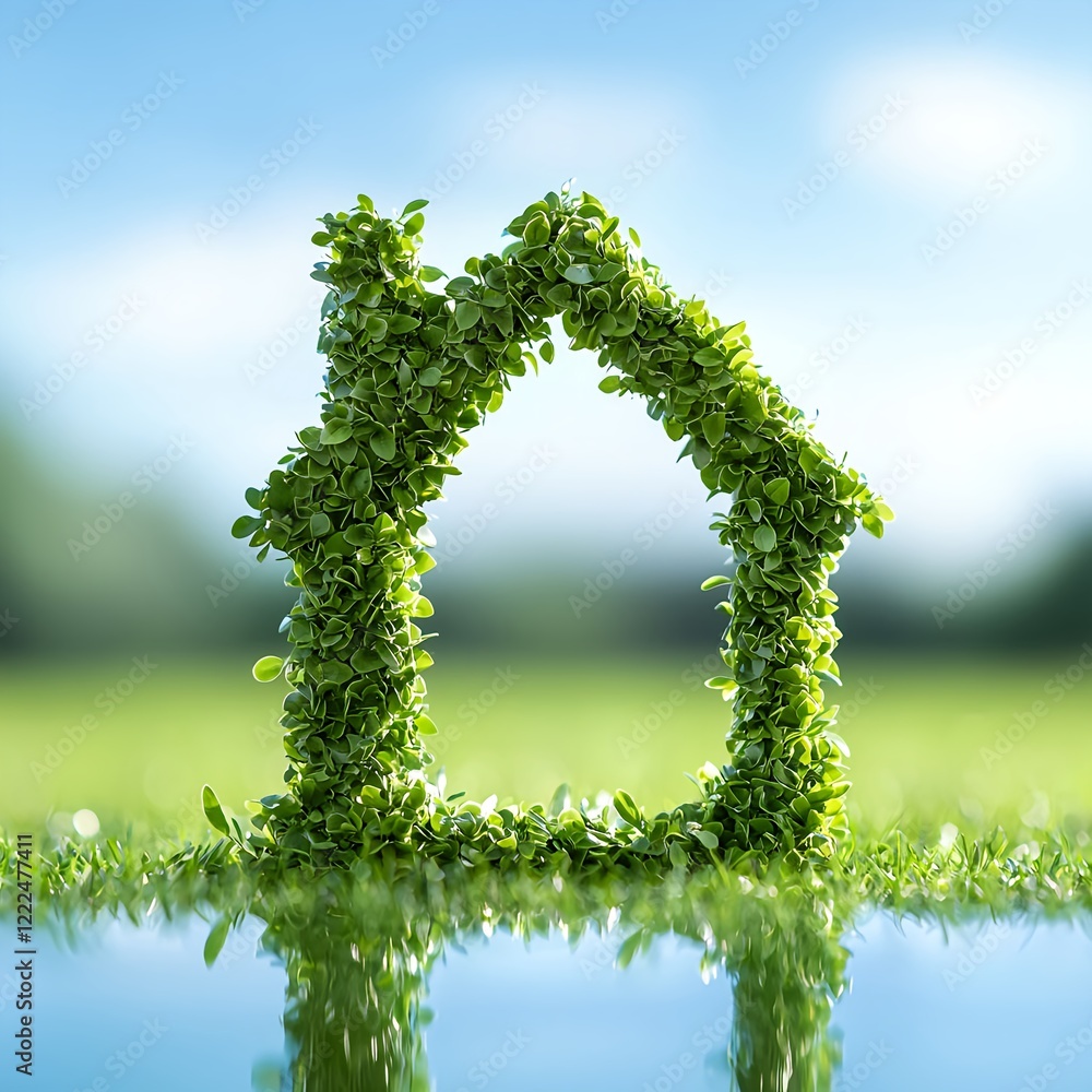 Obraz premium Green House Shape Made from Fresh Leaves in Lush Nature Environment
