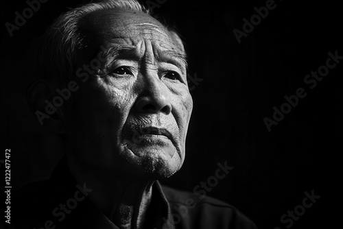 dramatic black and white portrait of elderly asian man, deep wrinkles telling life story, side lighting, profound emotional depth, film noir style
