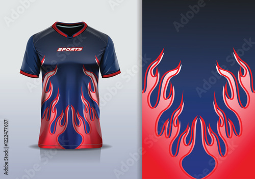 Sport jersey design template mockup flame fire line star pattern for football soccer, running, esports, blue red color
