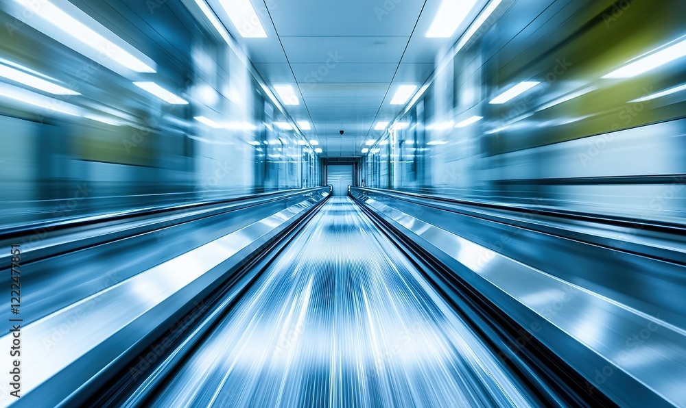 Blurred airport moving walkway with bright lights, ideal for travel concepts Blurred airport moving walkway with bright lights, ideal for travel concepts