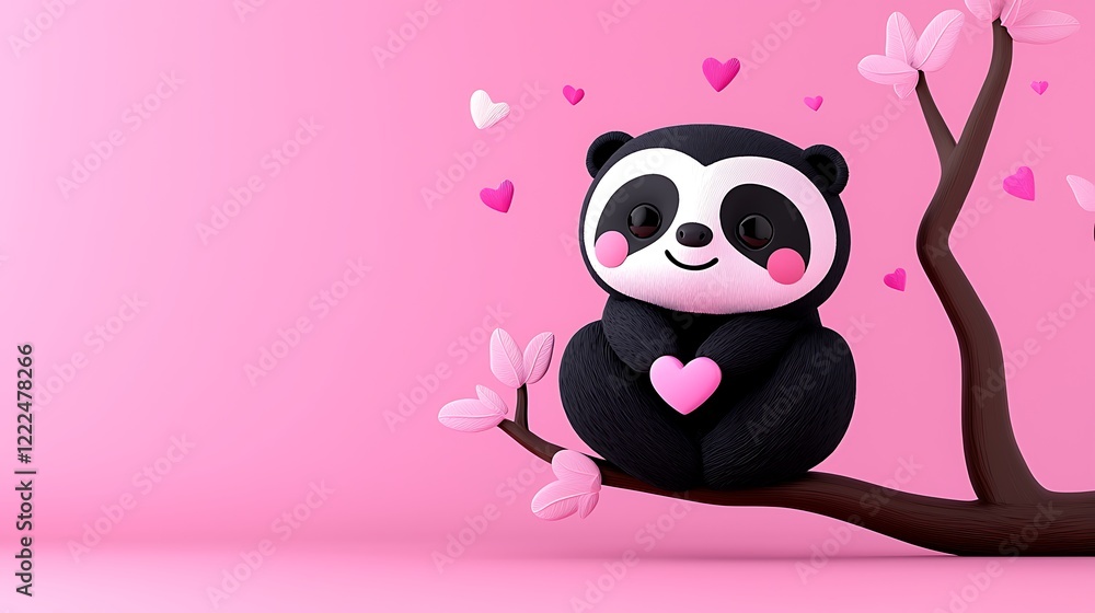 Adorable Pixel Panda With Heart On Pink Background Adorable Pixel Panda With Heart On Pink Background
