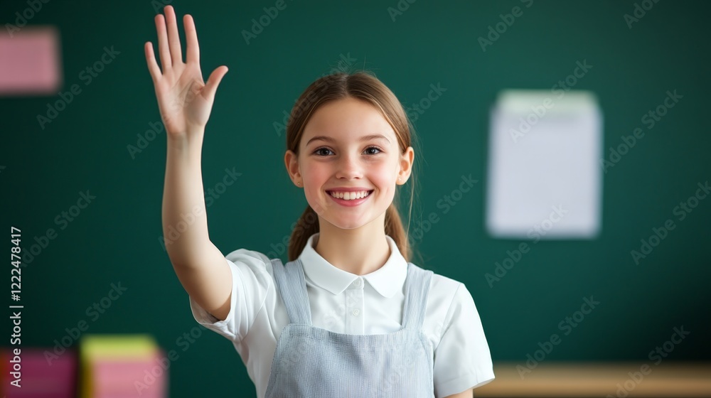 Cheerful girl raising hand in classroom setting with green chalkboard background Cheerful girl raising hand in classroom setting with green chalkboard background