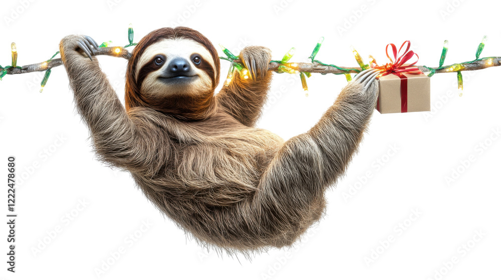 Obraz premium Colorful slotty hanging on a string of illuminated christmas lights during the holiday season.