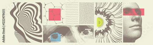 Looking eyes. Abstract digital human head. Pattern with optical illusion. Abstract striped backdrop. Scientific background with cells or cell membranes. Spread sheet of paper. Cover design template.