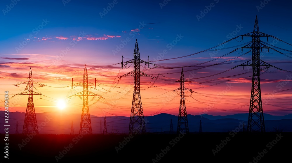 Fototapeta premium Power Lines Silhouetted Against Colorful Sunset Sky Landscape