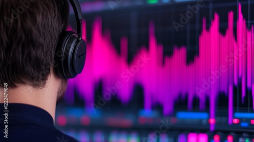 Person with Headphones Analyzing Sound Waves on Computer Screen in Vibrant Colors