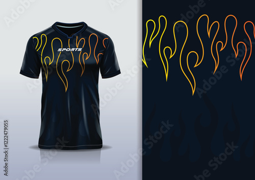Sport jersey design template mockup flame fire line star pattern for football soccer, running, esports, black gold color