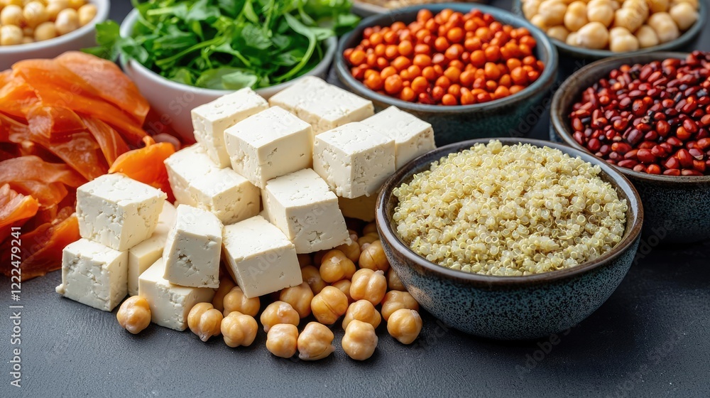 Natural ingredients foods concept. A vibrant display of healthy ingredients including tofu, grains, and legumes. Natural ingredients foods concept. A vibrant display of healthy ingredients including tofu, grains, and legumes.