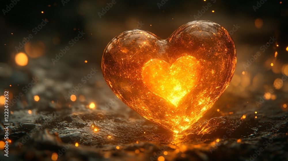 Glowing Heart Shaped Object with Fiery Light and Sparkles Glowing Heart Shaped Object with Fiery Light and Sparkles