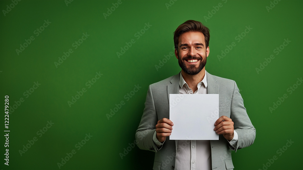 Portrait of smiling man in business suit showing blank white sheet of paper on green background.
Portrait of smiling man in business suit showing blank white sheet of paper on green background.