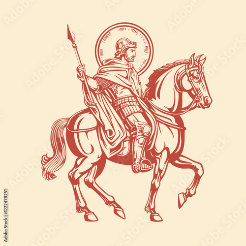 A medieval knight, perhaps Saint George, in armor riding a horse to a joust holding a lance or spear