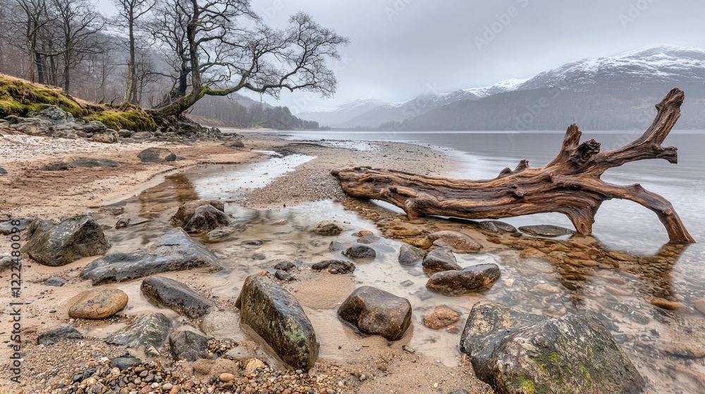 Scottish lake, winter beach, tree, driftwood, mountains