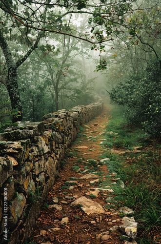 a stone wall in the woods photo