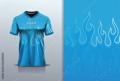 Sport jersey design template mockup flame fire line star pattern for football soccer, running, esports, blue ice color
