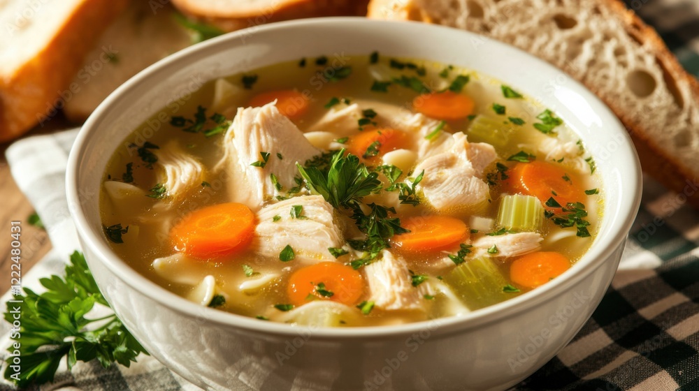 A bowl of homemade chicken noodle soup with chunks of chicken, carrots, and celery A bowl of homemade chicken noodle soup with chunks of chicken, carrots, and celery
