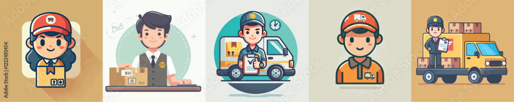 A collection of vectors of a package delivery person A collection of vectors of a package delivery person