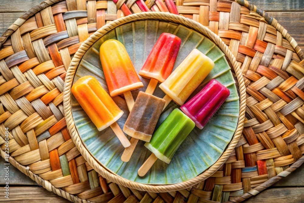 Obraz premium A Colorful Arrangement of Frozen Fruit Delights on a Woven Placemat