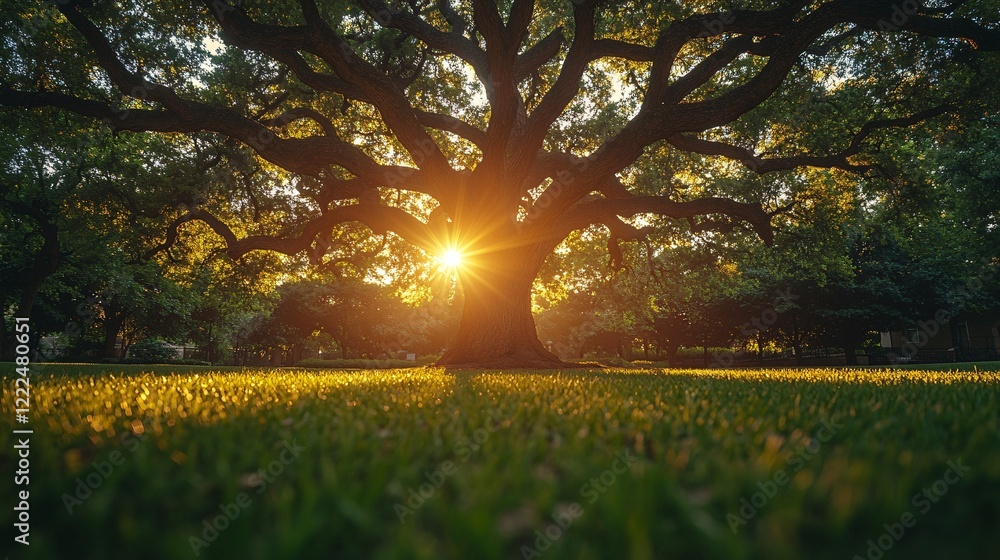 Obraz premium Majestic Tree with Sunlight Filtering Through Leaves in Park