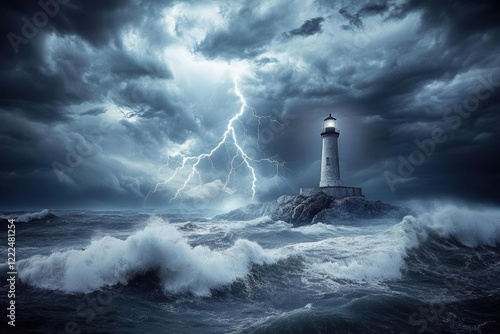 dramatic storm chaser photograph capturing lightning striking an ancient lighthouse on rugged coastline, massive waves crashing against rocky shore photo