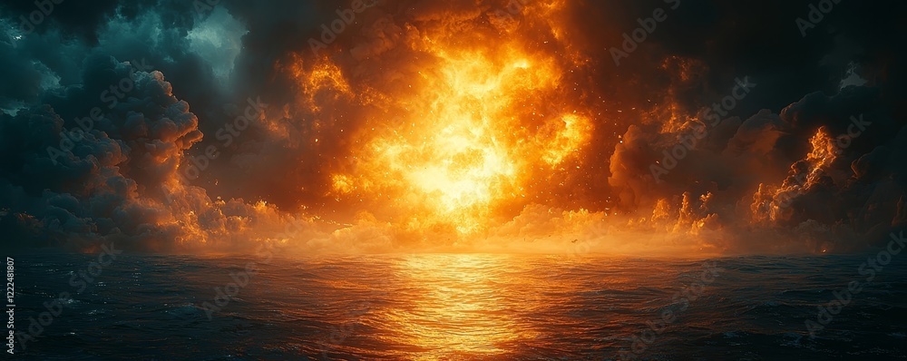 Massive Bomb Explosion Ignites Towering Water Column at Sea with Fiery Debris and Smoke Clouds Massive Bomb Explosion Ignites Towering Water Column at Sea with Fiery Debris and Smoke Clouds