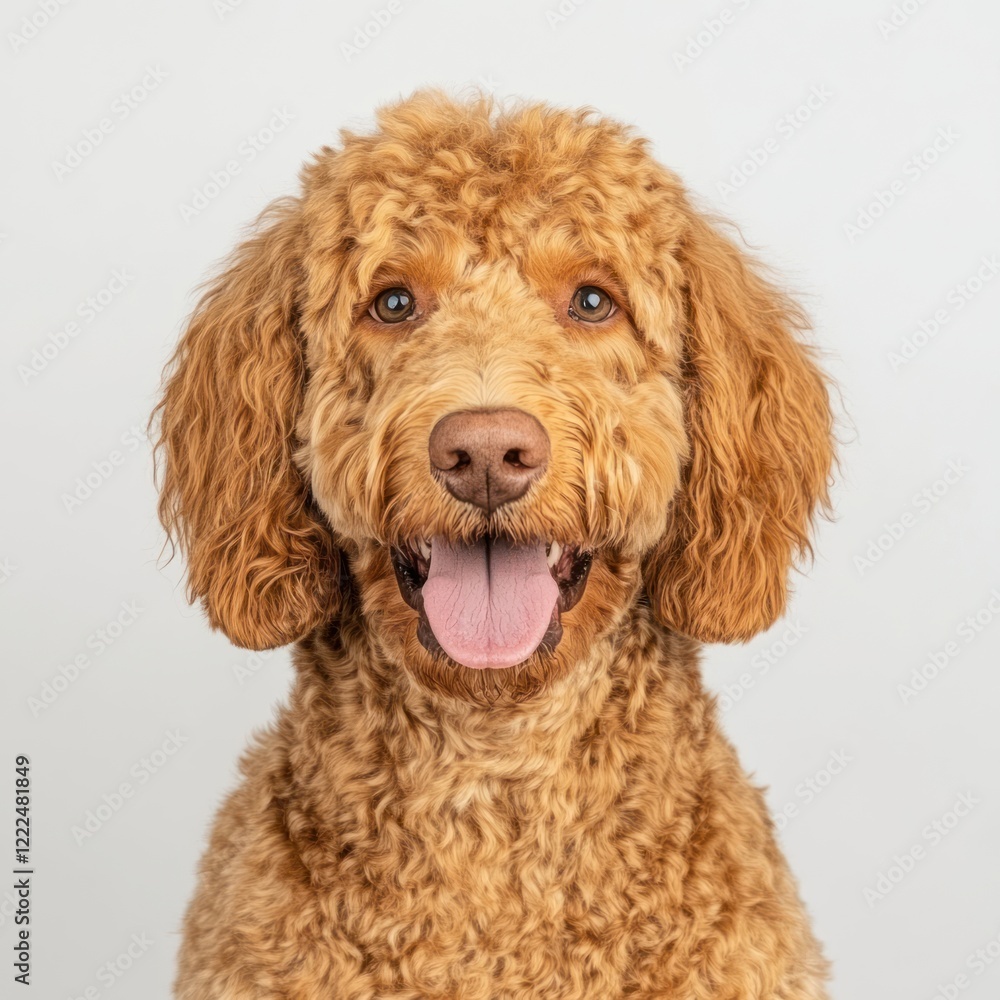 Friendly fluffy dog with curly fur and cheerful expression on background Friendly fluffy dog with curly fur and cheerful expression on background