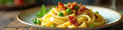 Panel kuchenny z motywem Plate of steaming hot pasta with crispy bacon bits and green peas, appetizing, savory, green peas