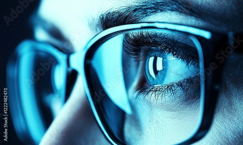 Close-up of eyes in glasses reflecting blue light in dark room, ideal for vision or tech themes