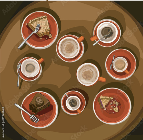 messy table with dirty cafe dishes half eating cakes finished date meeting