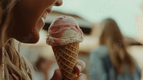 Nahaufnahme einer Person beim genussvollen Verzehr einer Eiswaffel mit rosa Eiscreme. Nostalgische Sommerstimmung in warmen, verträumten Vintage-Farbtönen photo