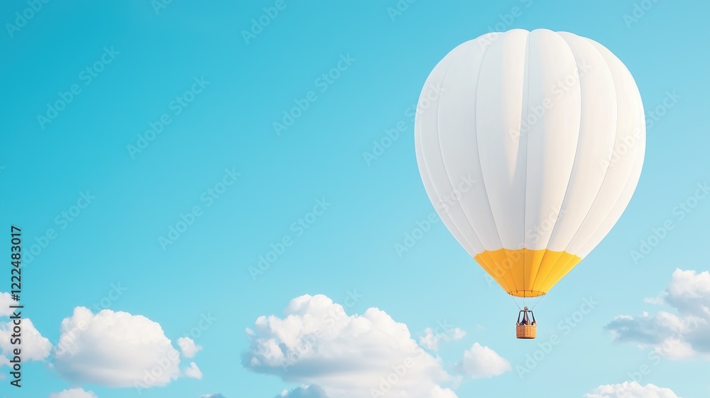 Fototapeta premium White and yellow hot air balloon floats high in the bright blue sky above soft white clouds during a sunny day.