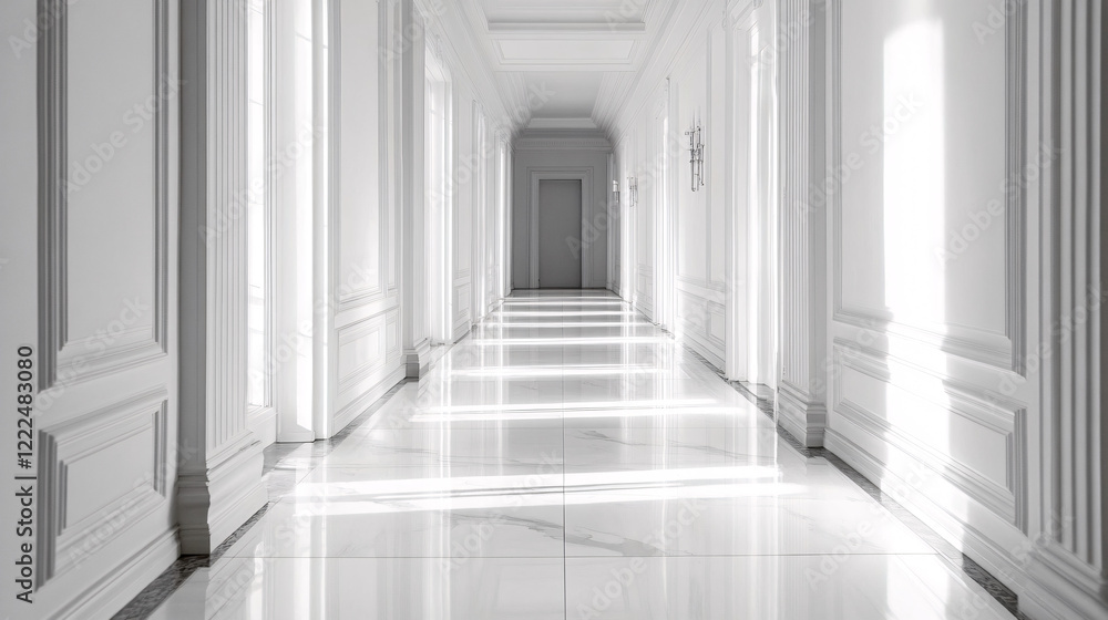 Fototapeta premium Minimalist bright white hallway with large windows allowing natural light to illuminate the reflective marble floor creating a serene open space 