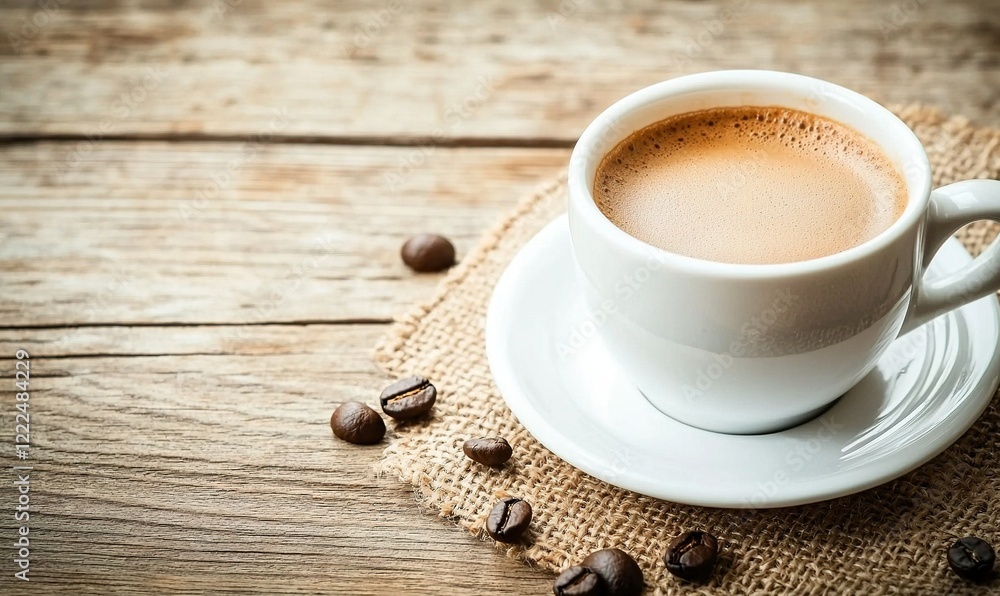 Coffee cup with beans on burlap on rustic wood table, ready to enjoy Coffee cup with beans on burlap on rustic wood table, ready to enjoy