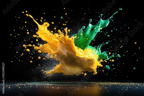 An explosive burst of yellow and green paint showcases energetic motion, creating a mesmerizing and dynamic image that embodies artistic creativity and expression.