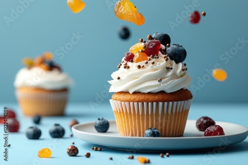 An enticing arrangement of delicious cupcakes adorned with fresh berry garnishes, symbolizing the joy of culinary innovation and presentation in vibrant, eye-catching colors. photo