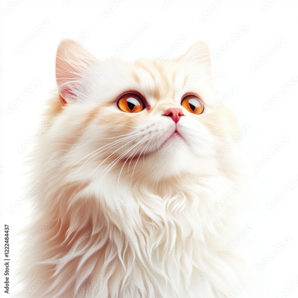 Fluffy White Cat with Striking Orange Eyes Against Light Background Fluffy White Cat with Striking Orange Eyes Against Light Background