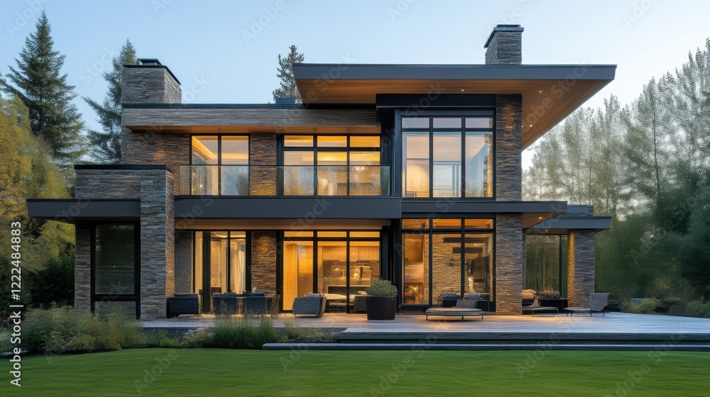 Minimalist two-story house with stone trim architecture