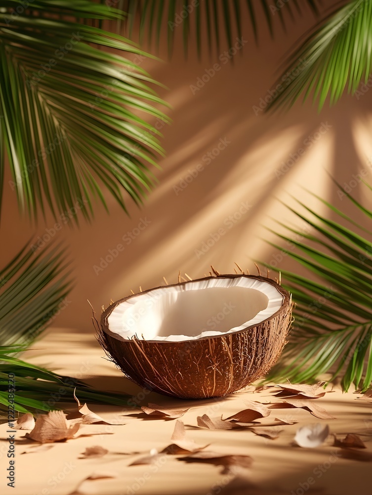 Obraz premium Biodegradable Coconut Shell Podium with Scattered Palm Leaves for Green Product Advertising