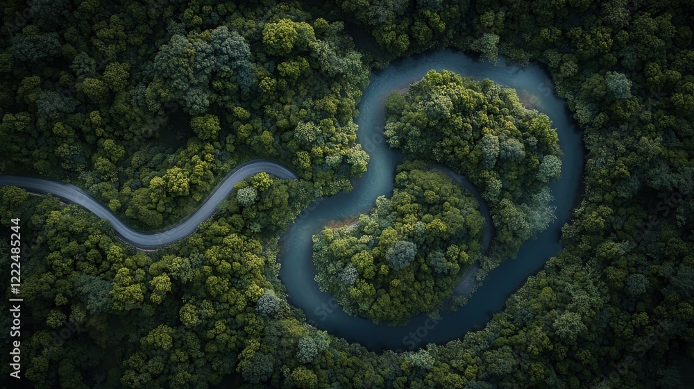 Fototapeta premium An aerial view of a river winding through a dense forest canopy.