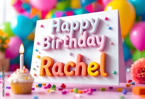 Happy Birthday Rachel Card 3d Design Colorful Balloons