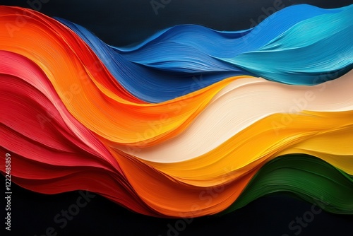 An artistic depiction of colorful swirling waves against a dark background, showcasing layered textures and vibrant hues that create a captivating visual impact.