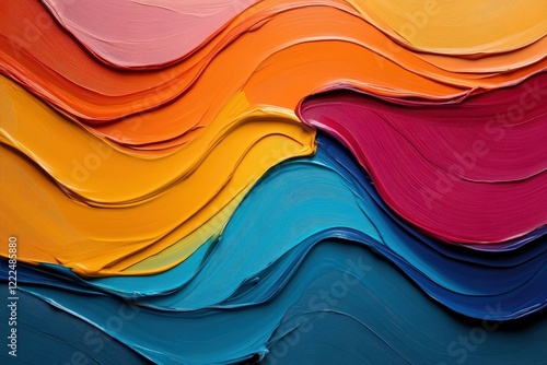 A vibrant abstract painting featuring colorful, wavy layers of paint that evoke a sense of movement and emotion, creating an engaging visual experience for viewers.