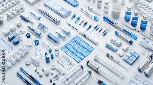 Collection of medical supplies and laboratory instruments arranged neatly on a white surface
