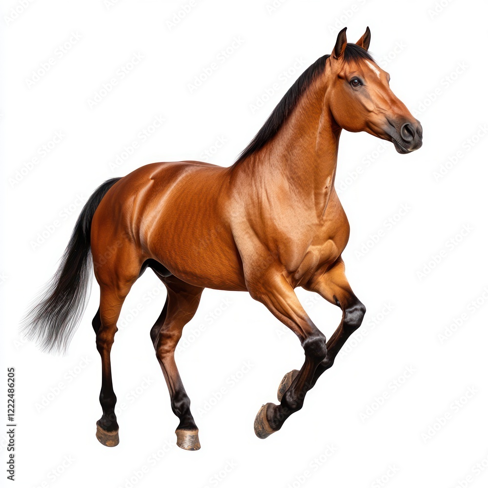 Obraz premium Majestic Brown Horse Galloping Gracefully Against White Background
