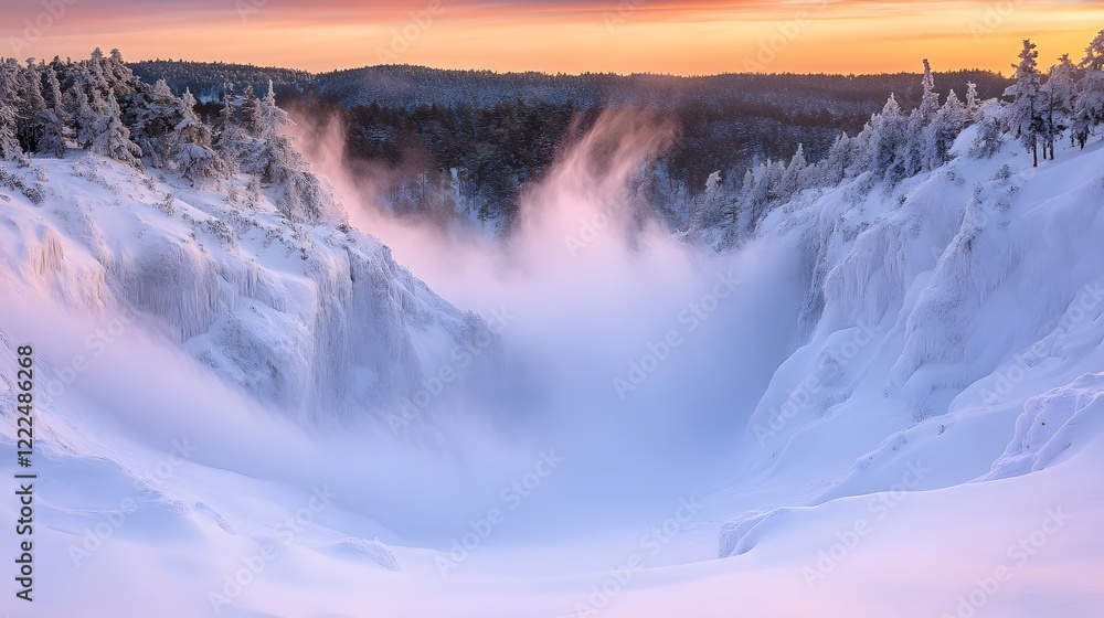 Fototapeta premium Enchanted Winter Waterfall Landscape, Frozen Cliffs and Misty Sunrise