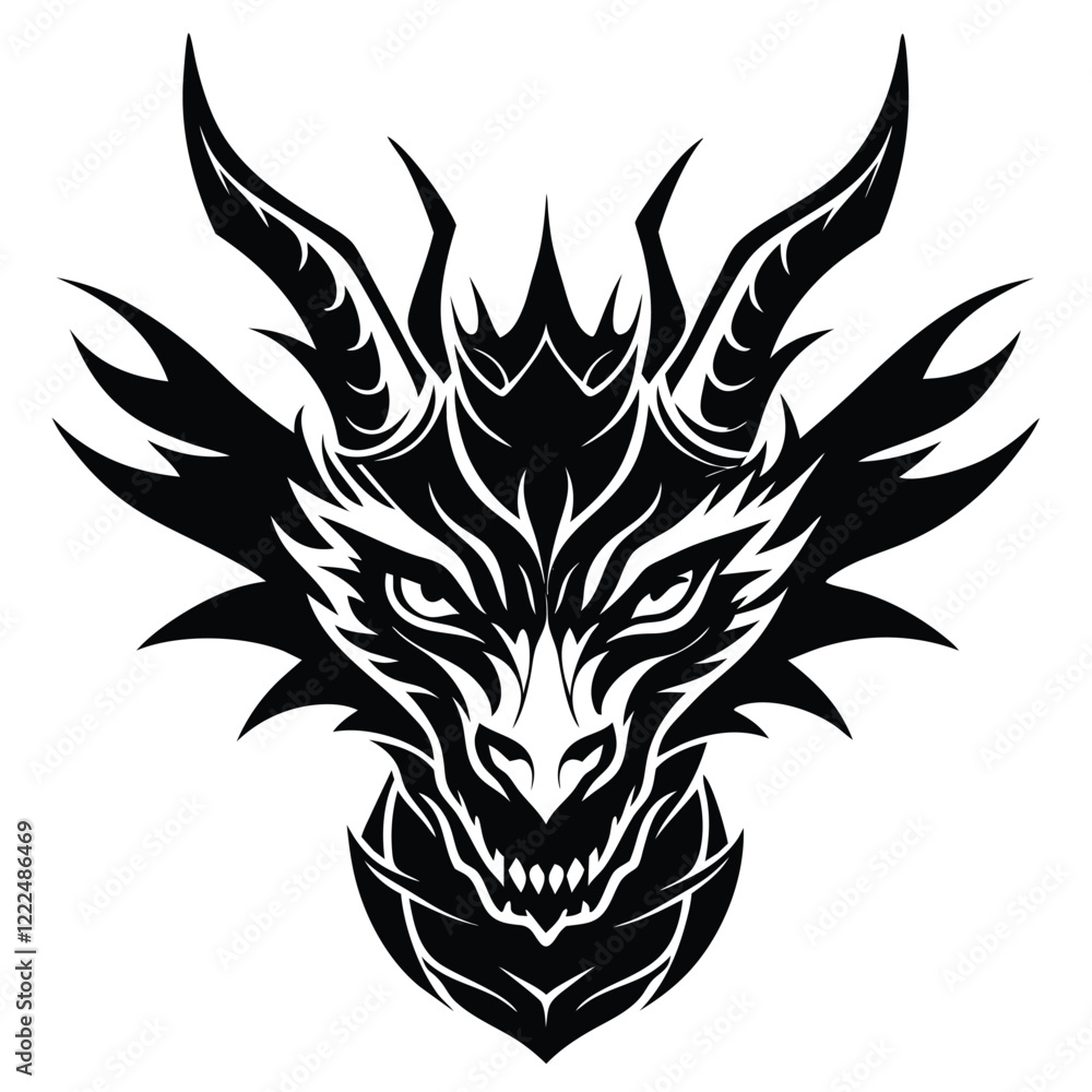 Black vector dragon head illustration in bold ink style with fierce expression and detailed mythical features for tattoo and design Black vector dragon head illustration in bold ink style with fierce expression and detailed mythical features for tattoo and design