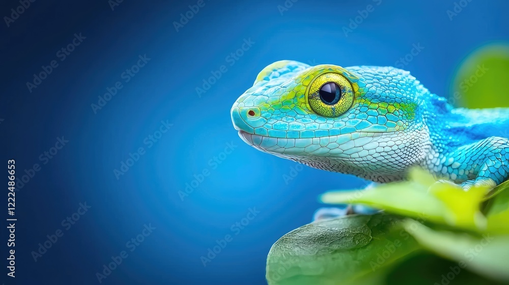 Blue gecko portrait, tropical foliage, vibrant background, nature photography, ideal for websites Blue gecko portrait, tropical foliage, vibrant background, nature photography, ideal for websites